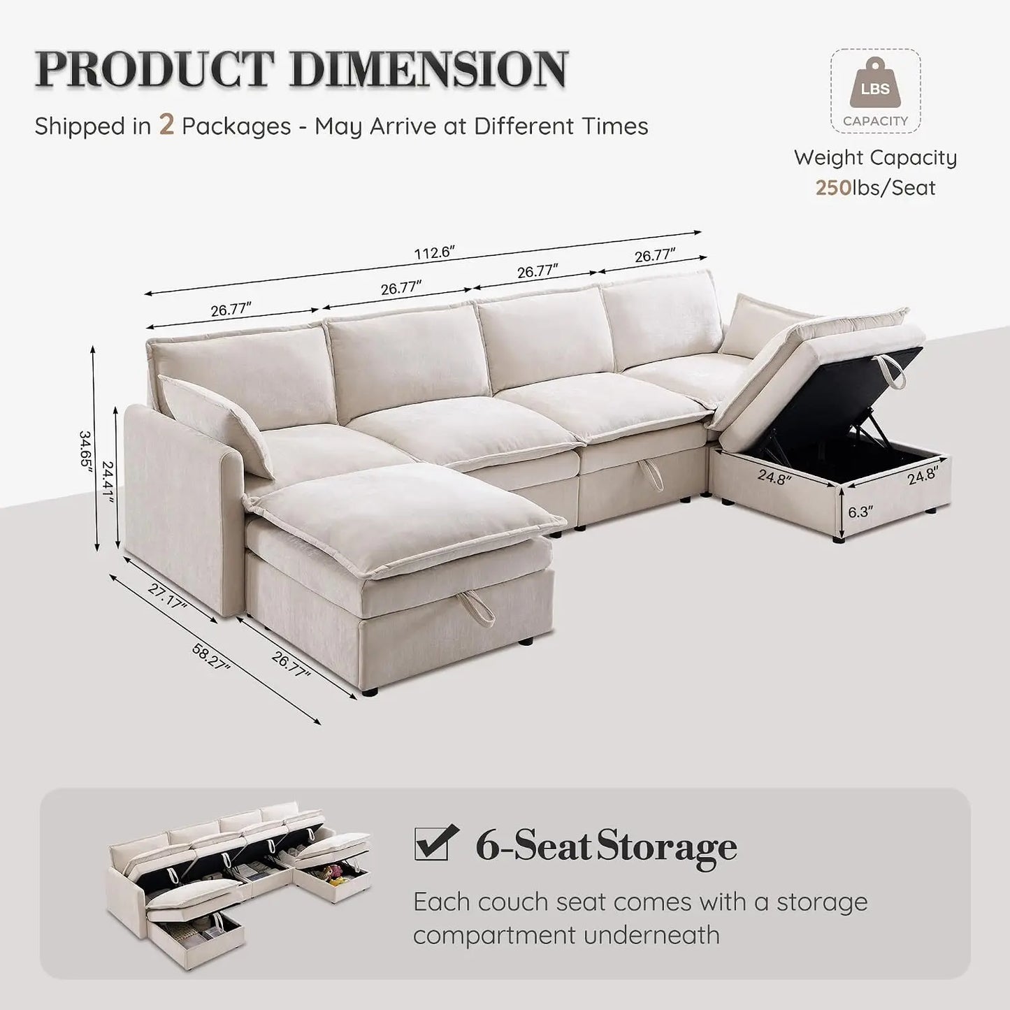 Modular U Shaped Sectional Sofa With Storage Ottoman For Living Room