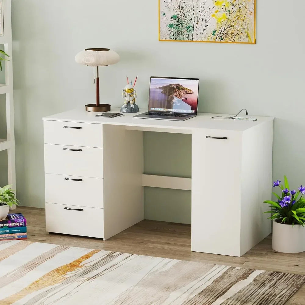 L Shaped Computer Desk With USB Outlet And Built In Storage Drawers For Home Office