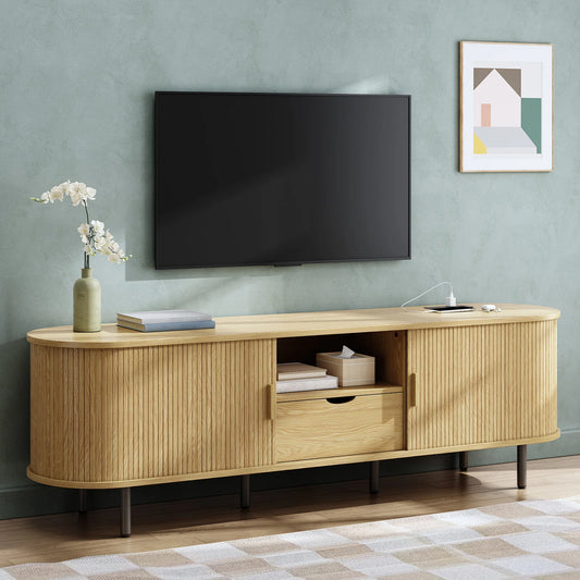 Modern TV Stand With Power Outlet And Storage Drawer With Adjustable Shelves For Living Room