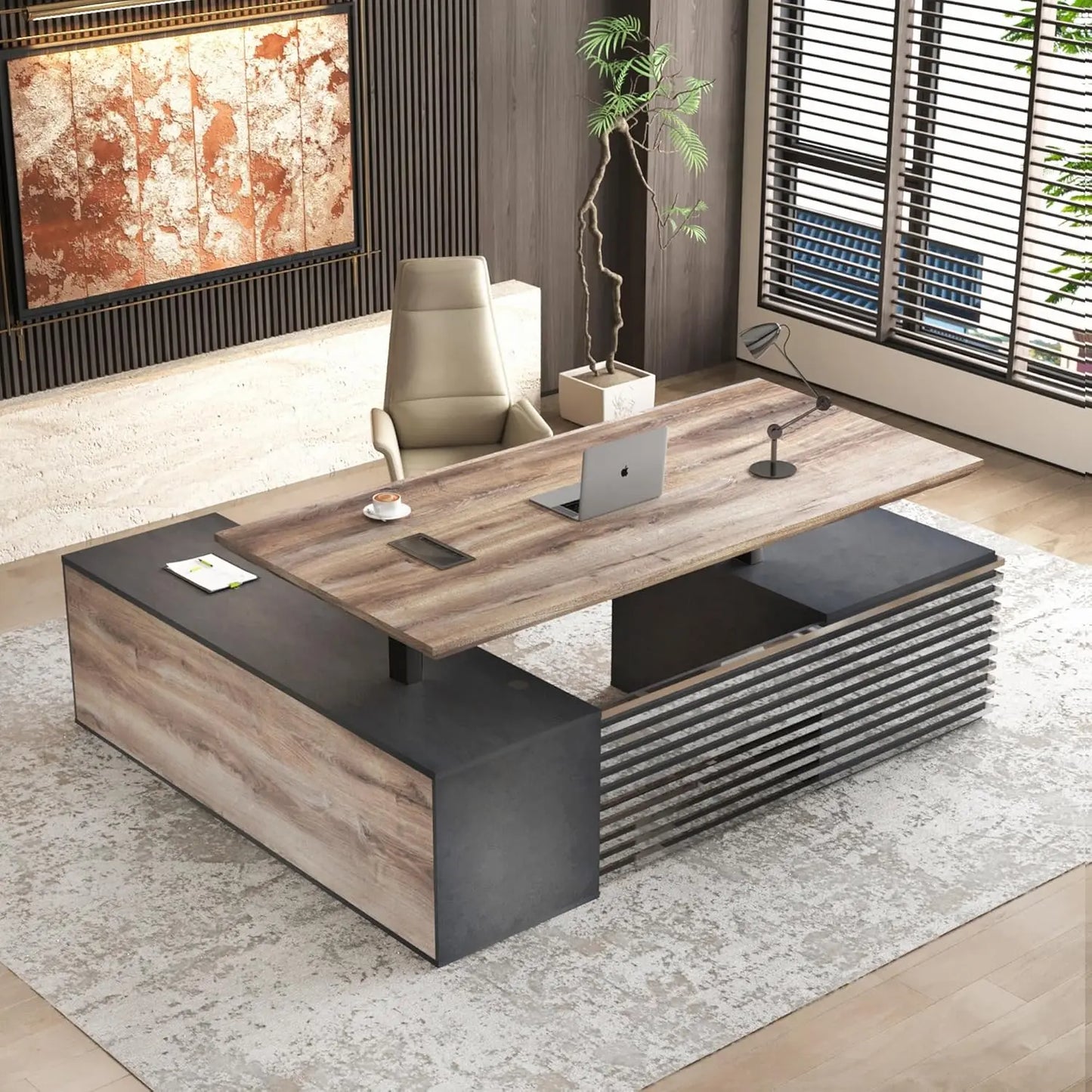 L Shaped Adjustable Executive Desk With Drawers And Charging Ports