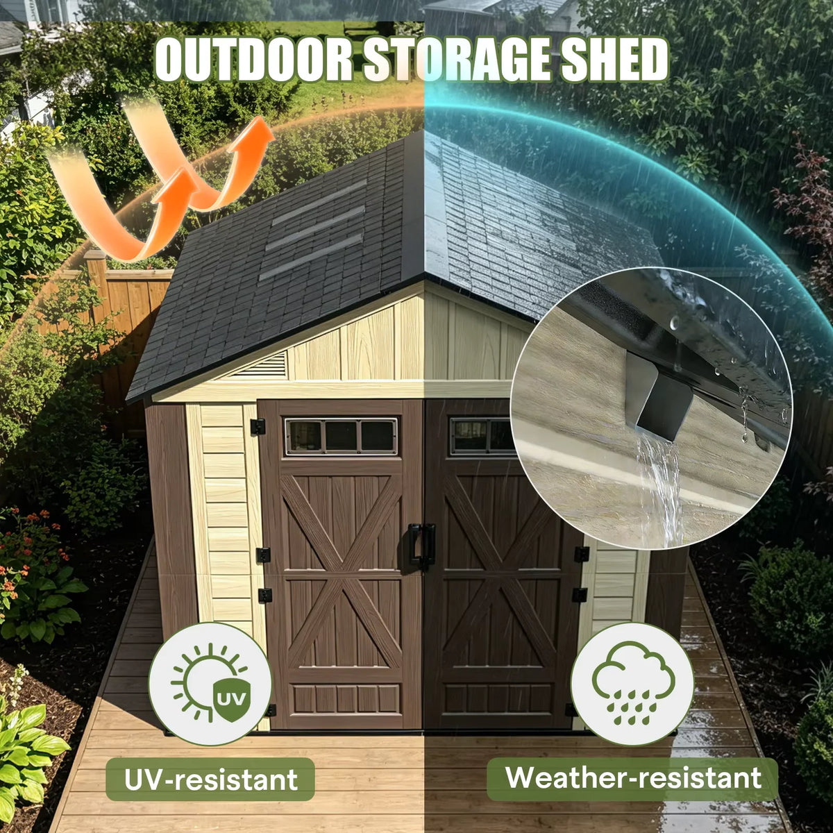 Evokeden Outdoor Plastic Storage Shed With Lockable Double Doors