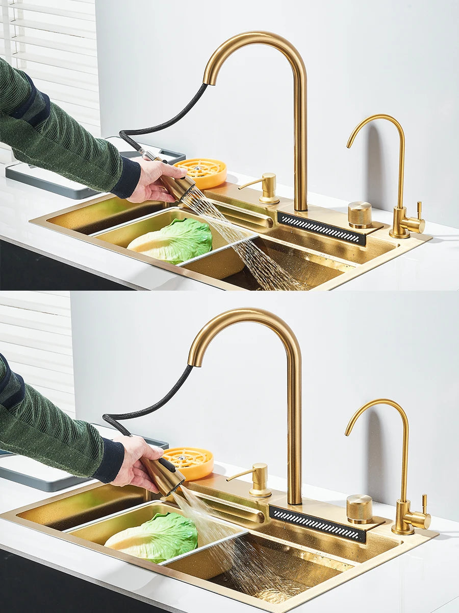 Quyanre 304 Stainless Steel Waterfall Kitchen Sink With Integrated Faucet Set Soap Dispenser Pure Water Cup Washer