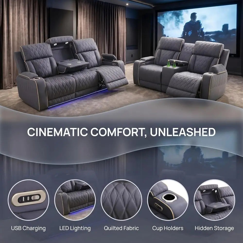 Power Reclining Sofa Set With LED Lights Leather Living Room