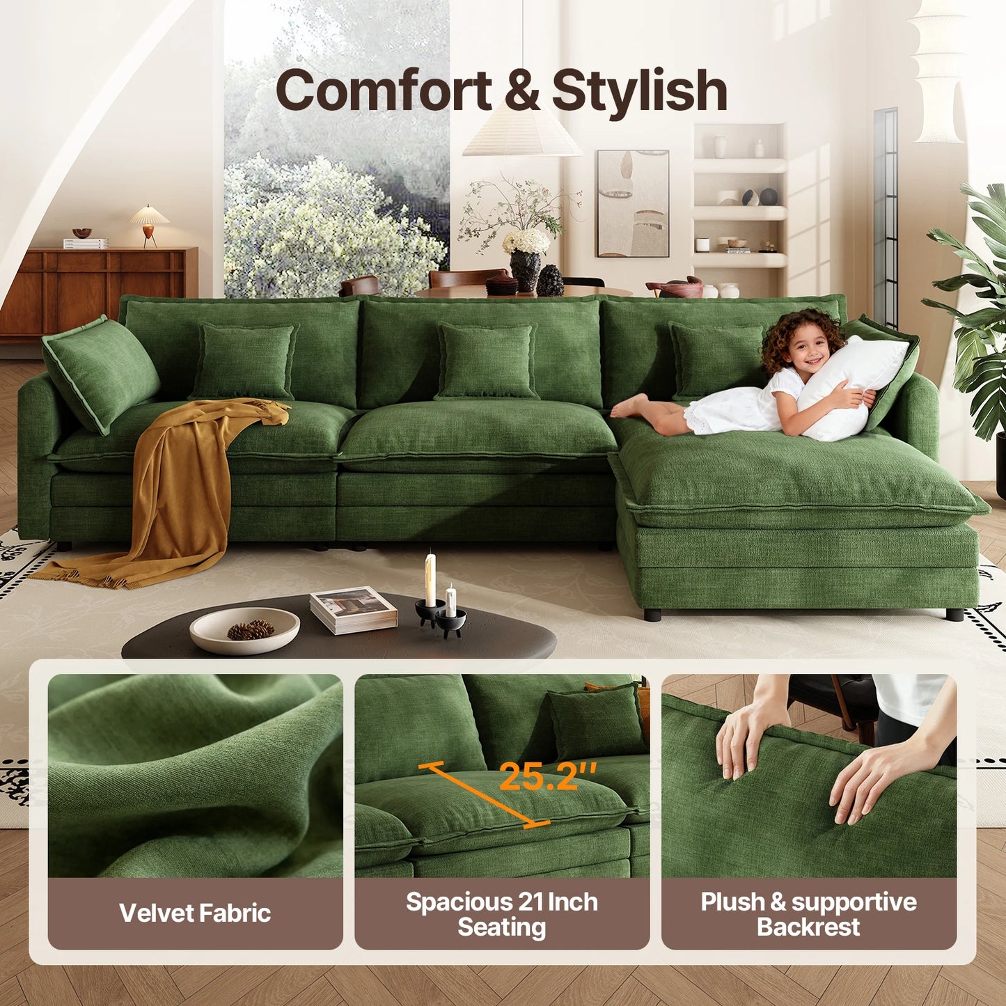 QWCCN L Shaped Modern Sofa Sectional Cloud Couch With Ottoman