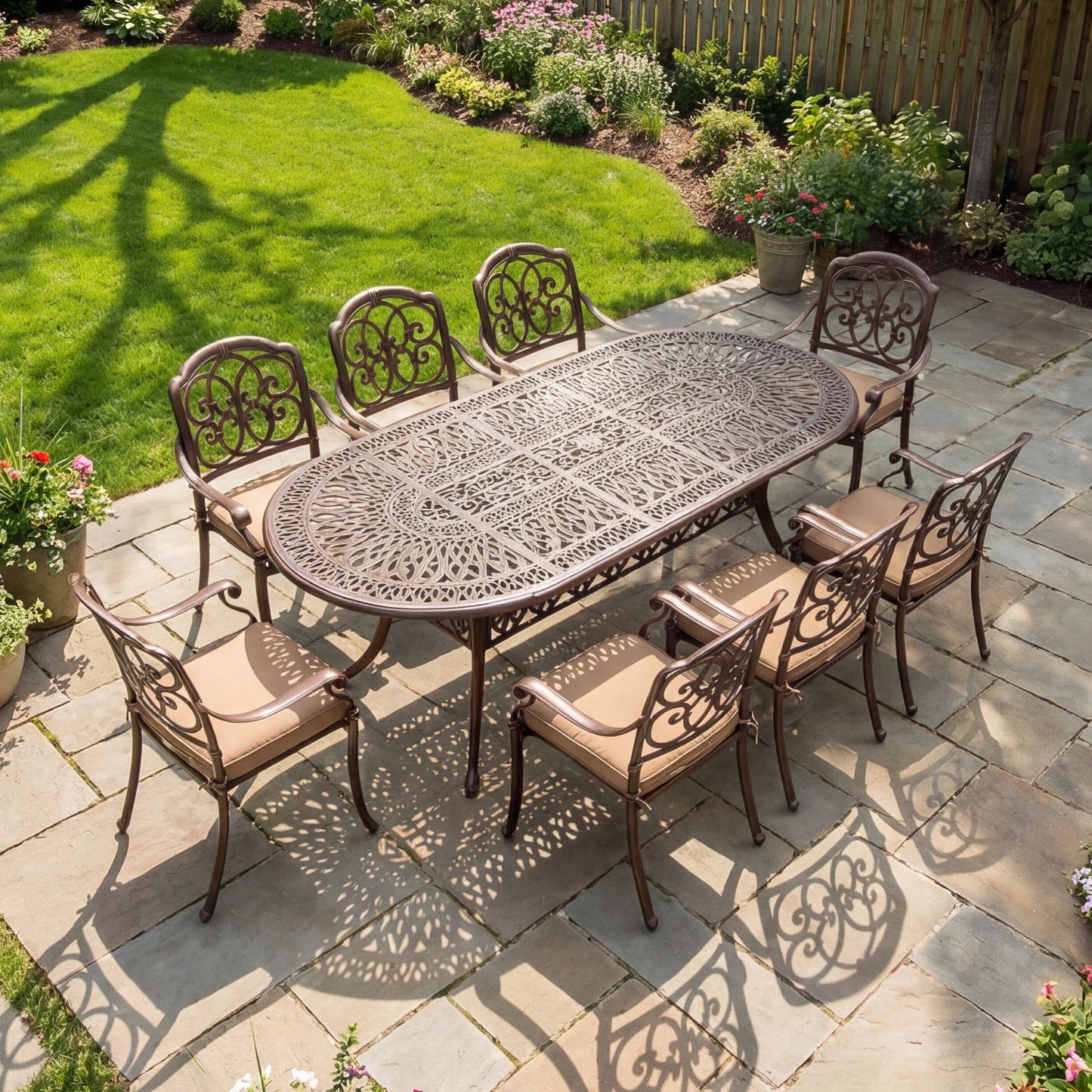 Cast Aluminum Outdoor Patio Dining Set Featuring Umbrella Hole