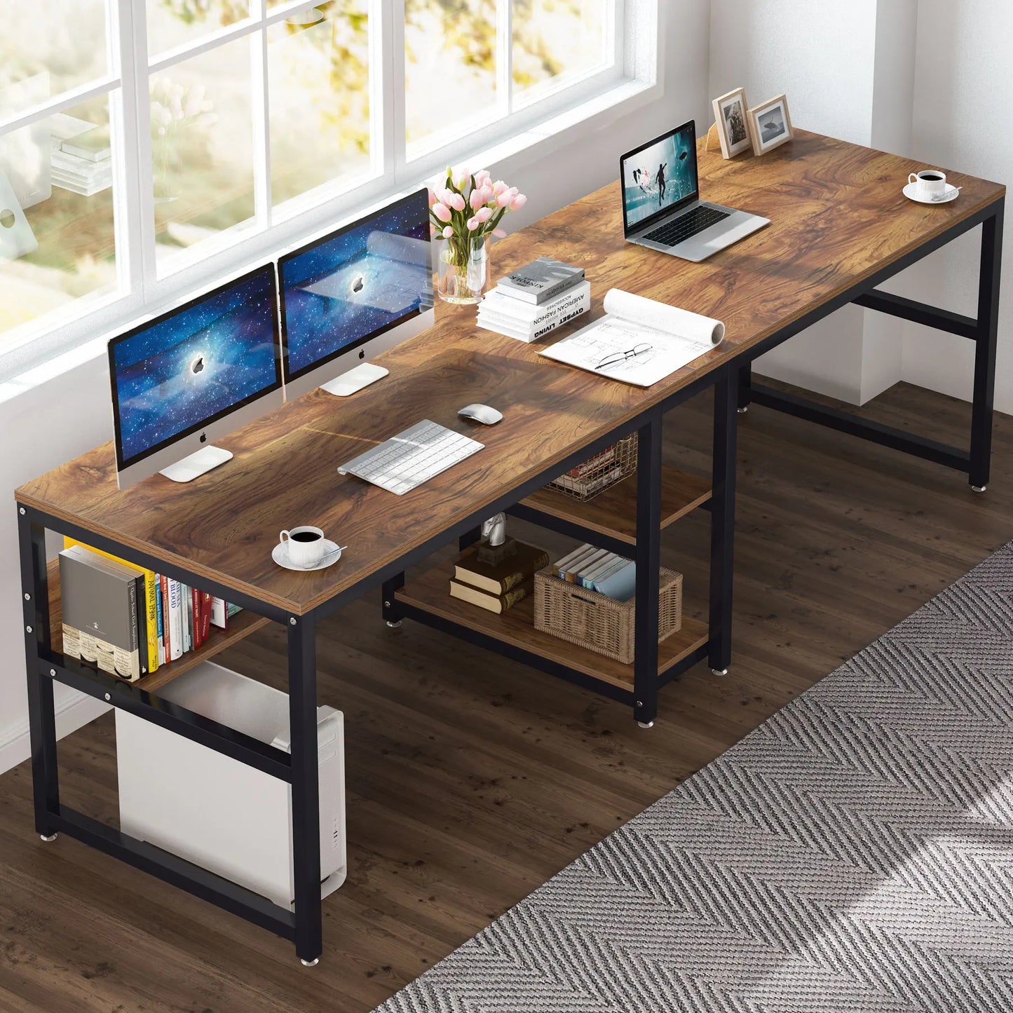 Tribesigns Two Person Desk With Bookshelf For Home Office Rustic