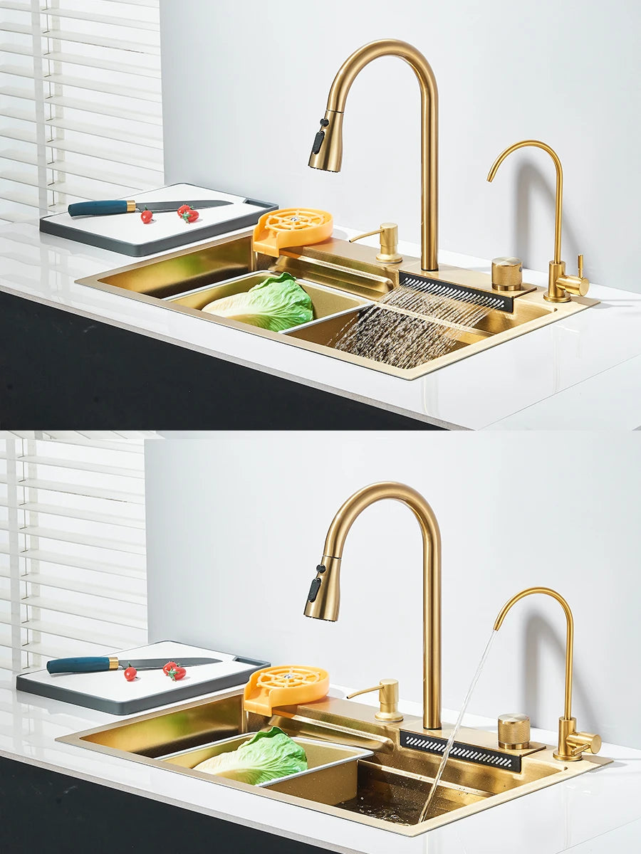 Quyanre 304 Stainless Steel Waterfall Kitchen Sink With Integrated Faucet Set Soap Dispenser Pure Water Cup Washer