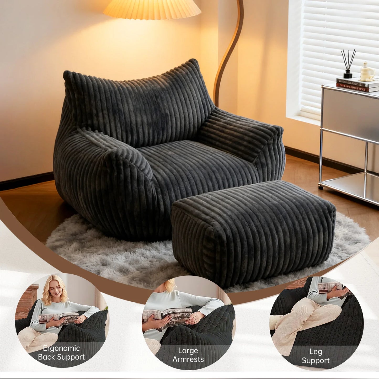 Reading Chair Bean Bag Chairs for Adults With Density Foam Cushion, Living Room