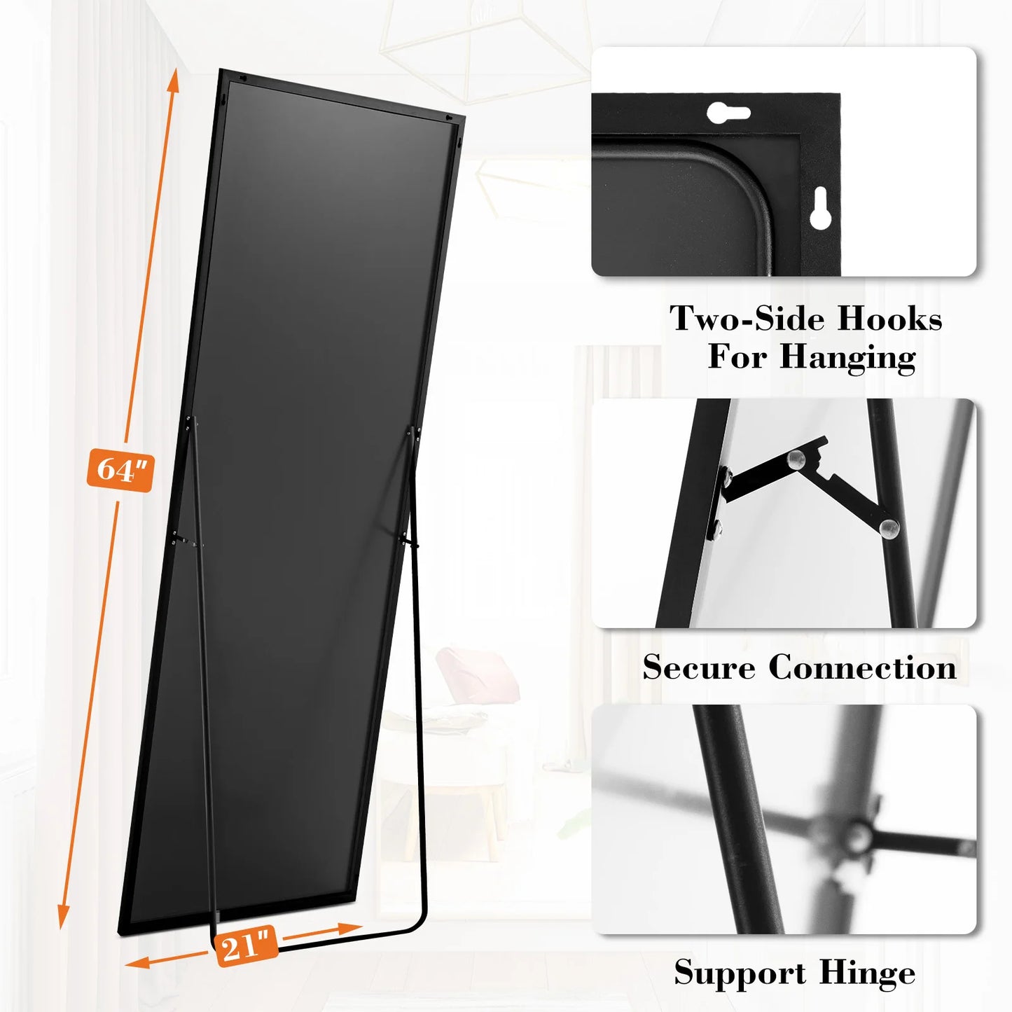 JHK Full Body Wall Mirror With Stand Aluminum Alloy Frame For Entryway And Bedroom