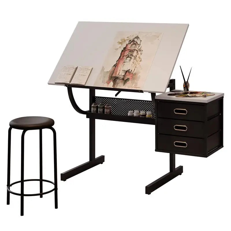Adjustable Drafting Table With Stool And 3 Drawers