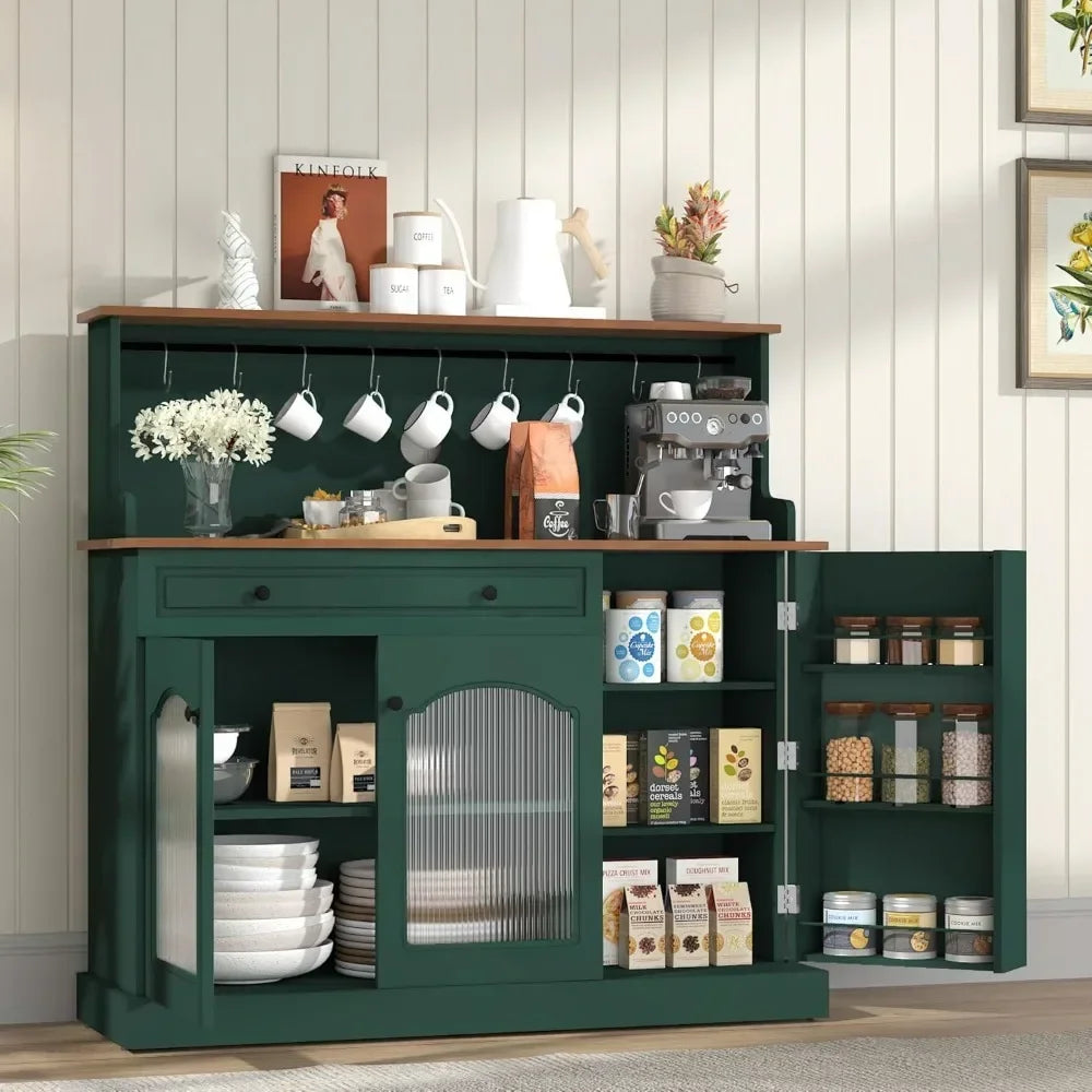 Solid Wood Coffee Bar Cabinet With Drawer And Glass Doors