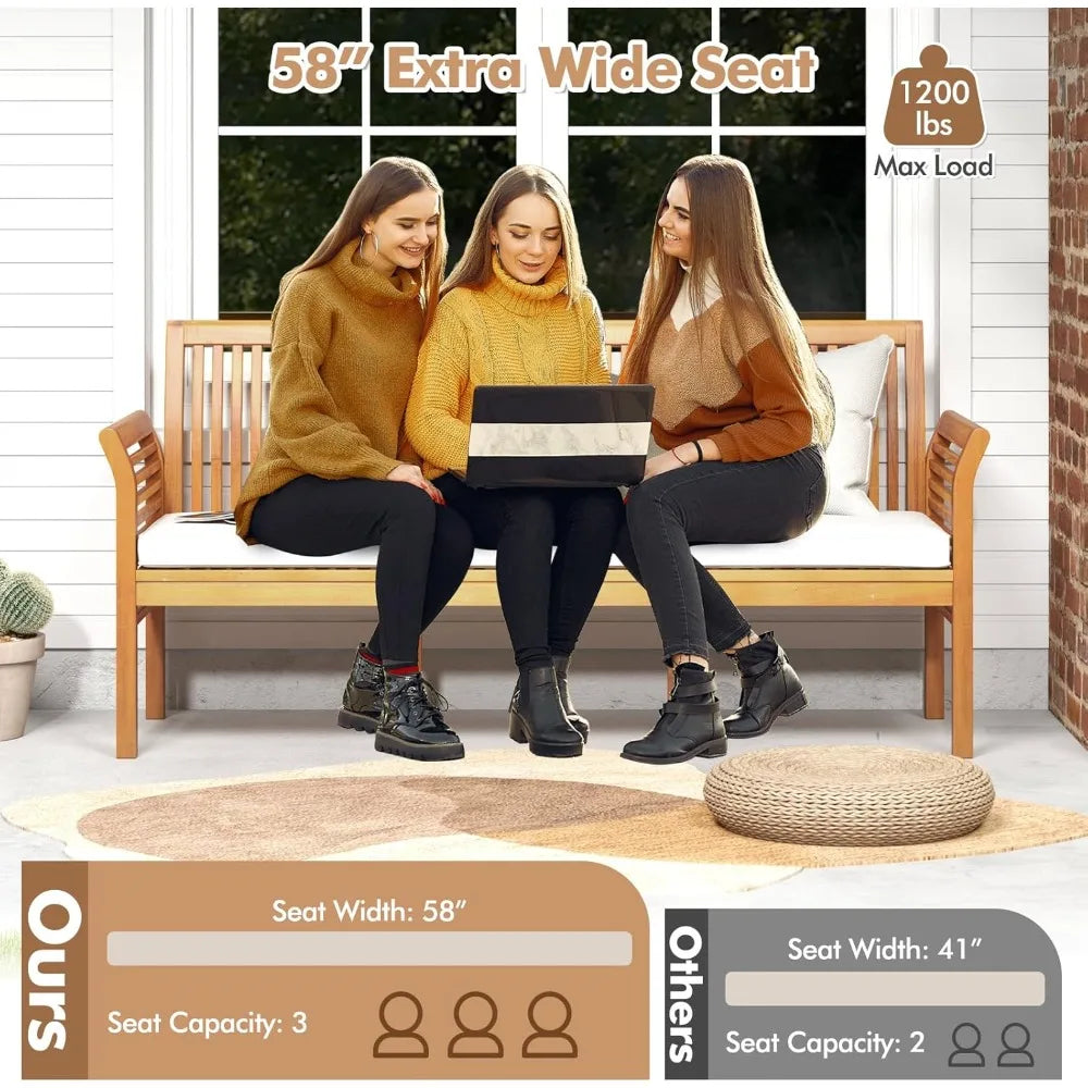 Tangkula 3-Seat Patio Acacia Wood Bench with Cushion, 62.5” Extra Long Outdoor Chair with Dense Slatted Backrest & Armrests, 120