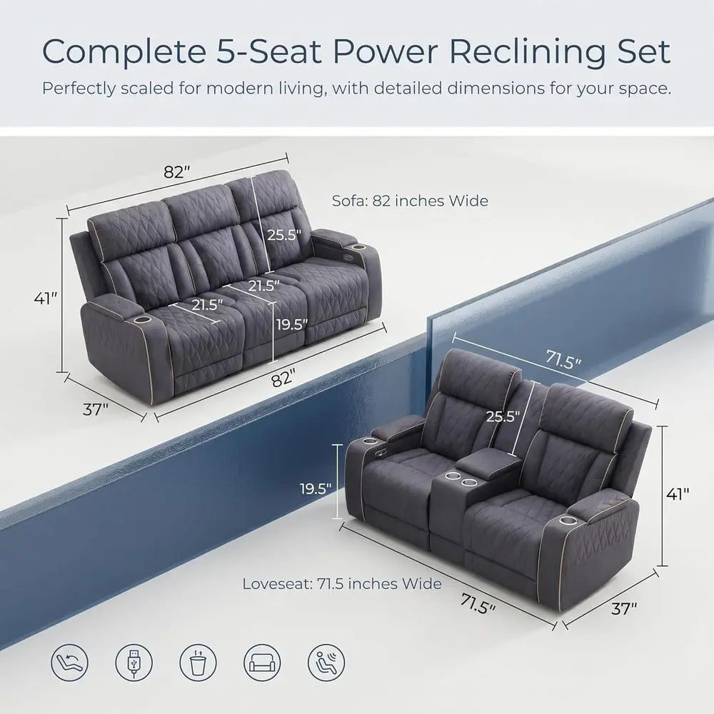 Power Reclining Sofa Set With LED Lights Leather Living Room