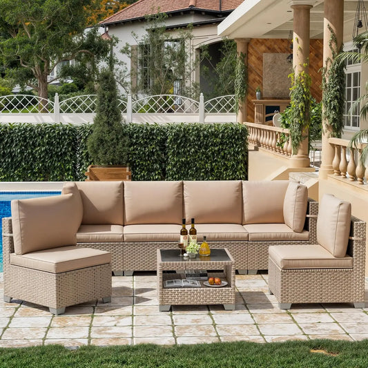 7 Pieces Patio Furniture Set, Outdoor Sectional Wicker Sofa with Thick Cushions and Storage Coffee Table, Rattan, Customized