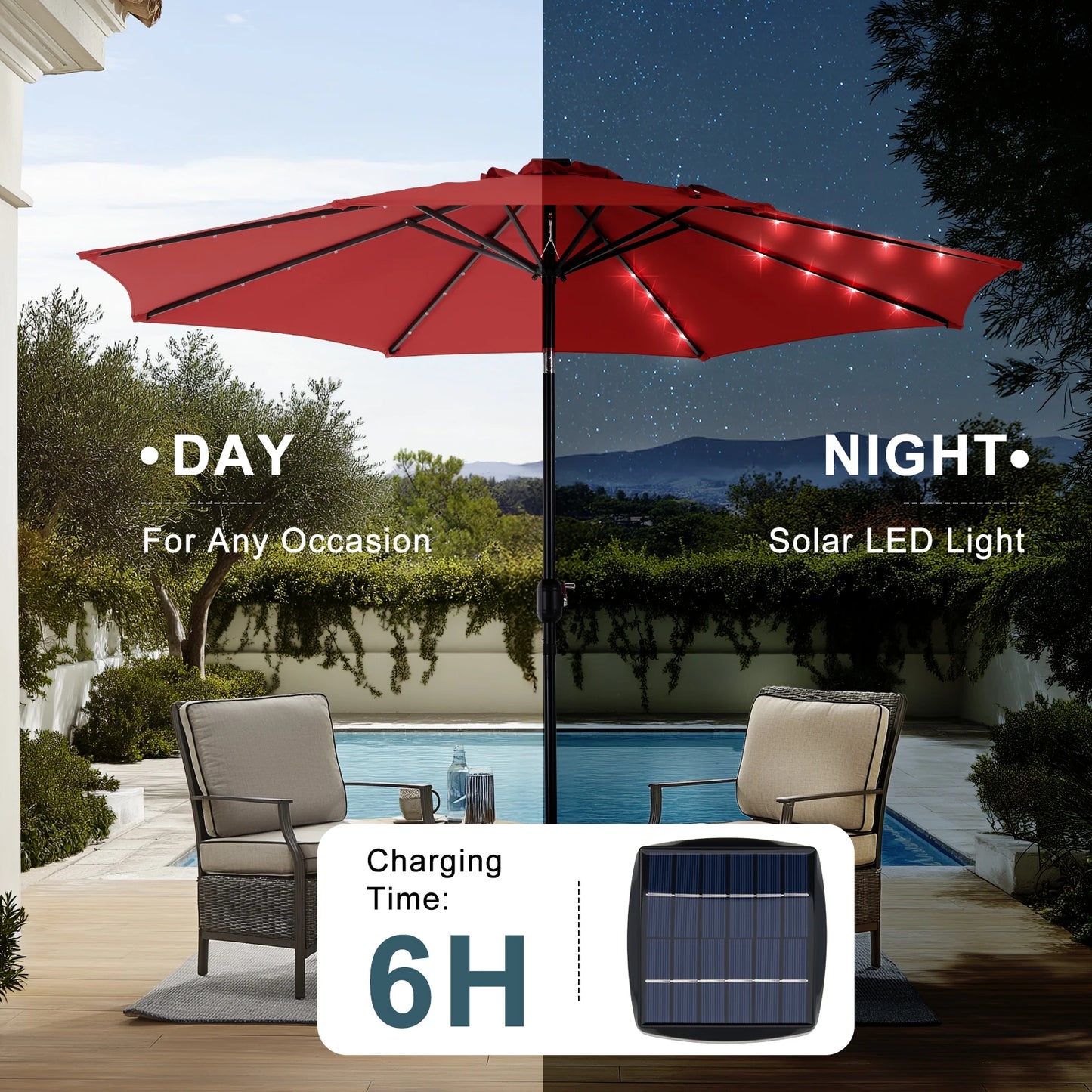 JHK Solar Patio Umbrella With LED Lights Tilt Crank