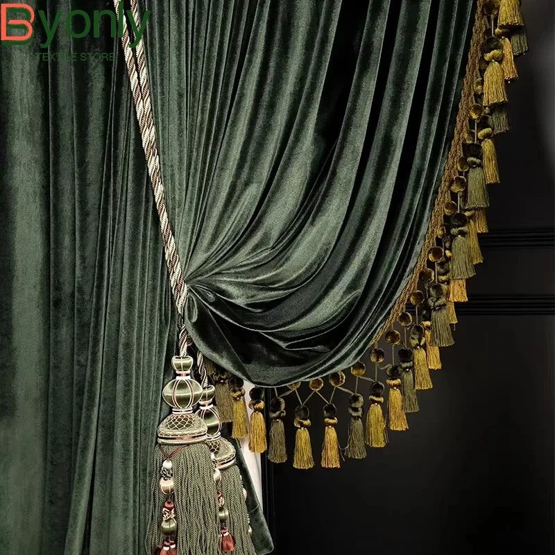 Luxury Retro Dark Green Velvet Tassels Thickened Blackout Curtains for Living Room Bedroom French Window Villa Customization