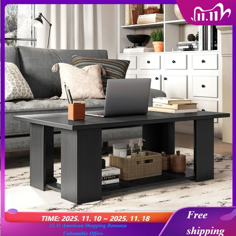 Two Tier Coffee Table Modern Rectangular Center Wooden Cocktail Table