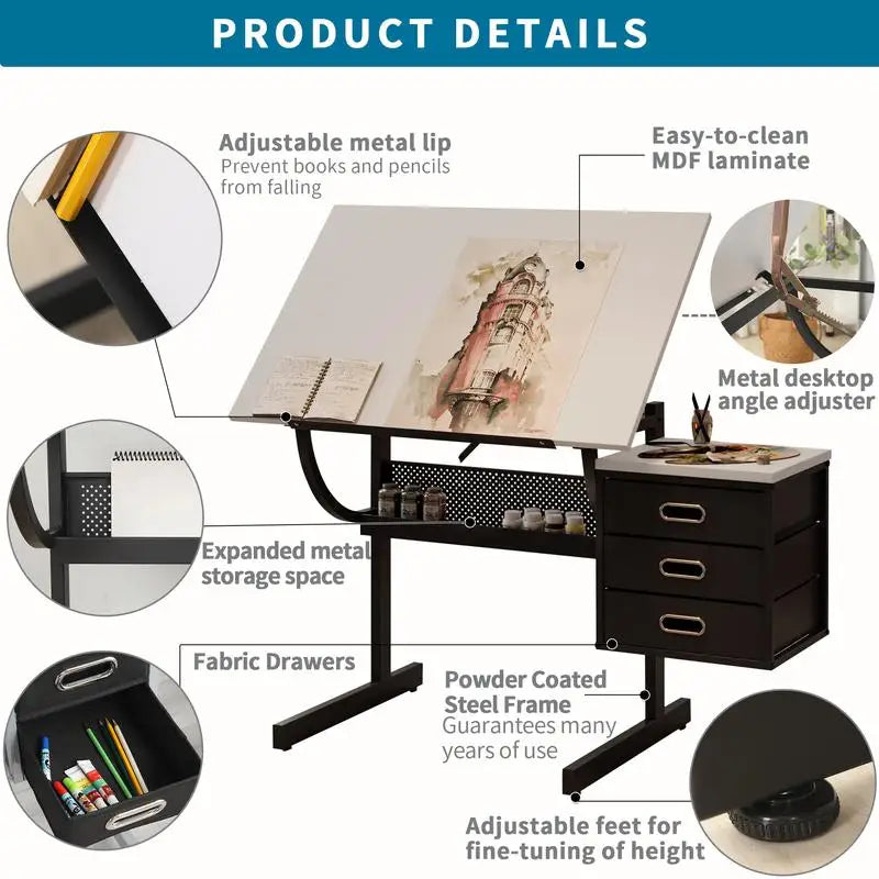 Adjustable Drafting Table With Stool And 3 Drawers