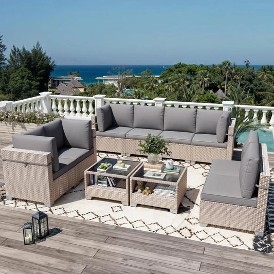 10 Pieces Patio Furniture Set, Outdoor Sectional Wicker Sofa with Thick Cushions and Storage Coffee Table, Rattan, Customized