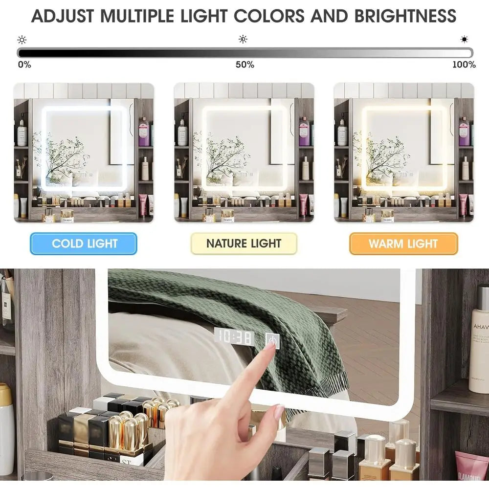LED Illuminated Makeup Desk With Storage And Vanity Mirror