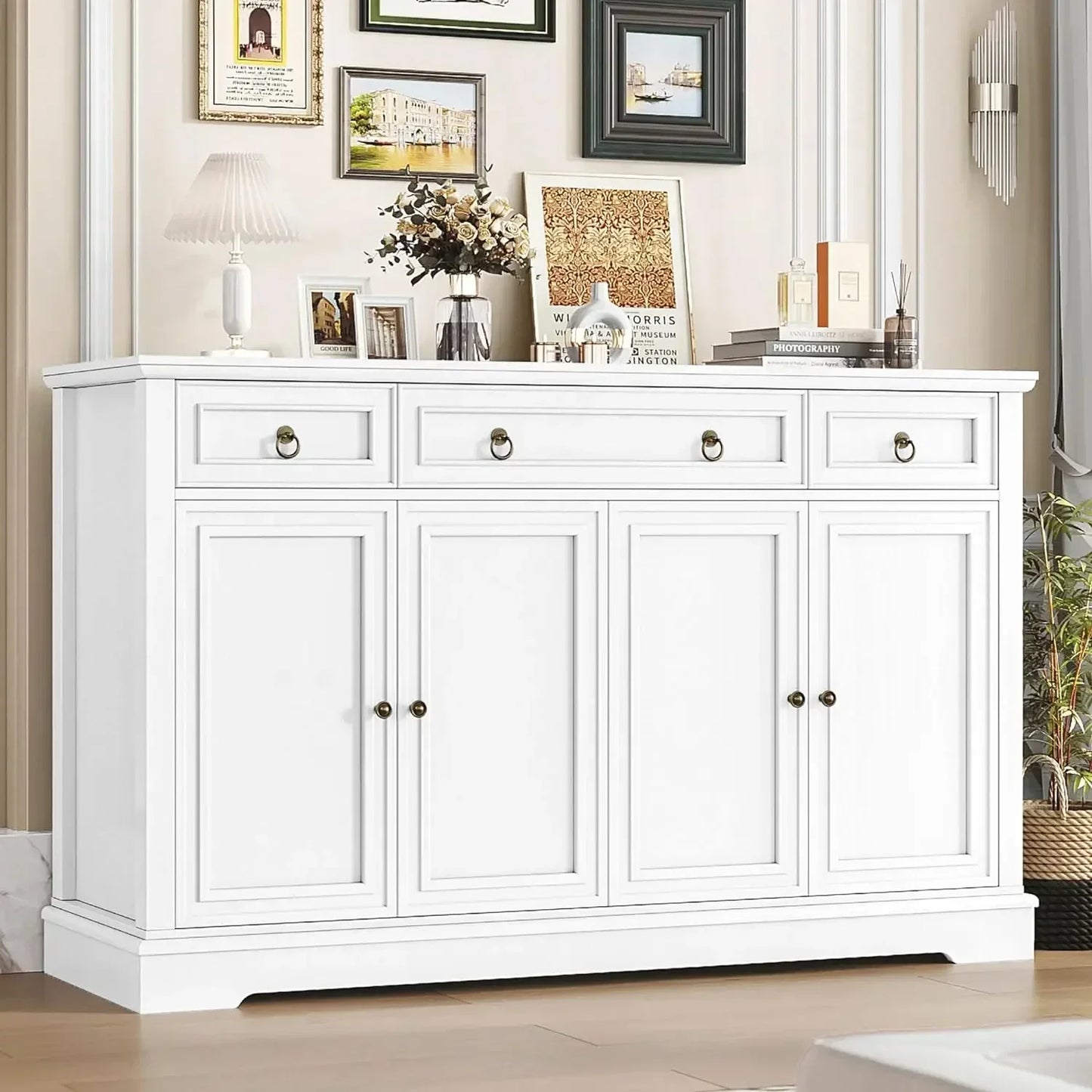 Elegant Farmhouse Style Buffet Sideboard Featuring Substantial Storage And Drawers