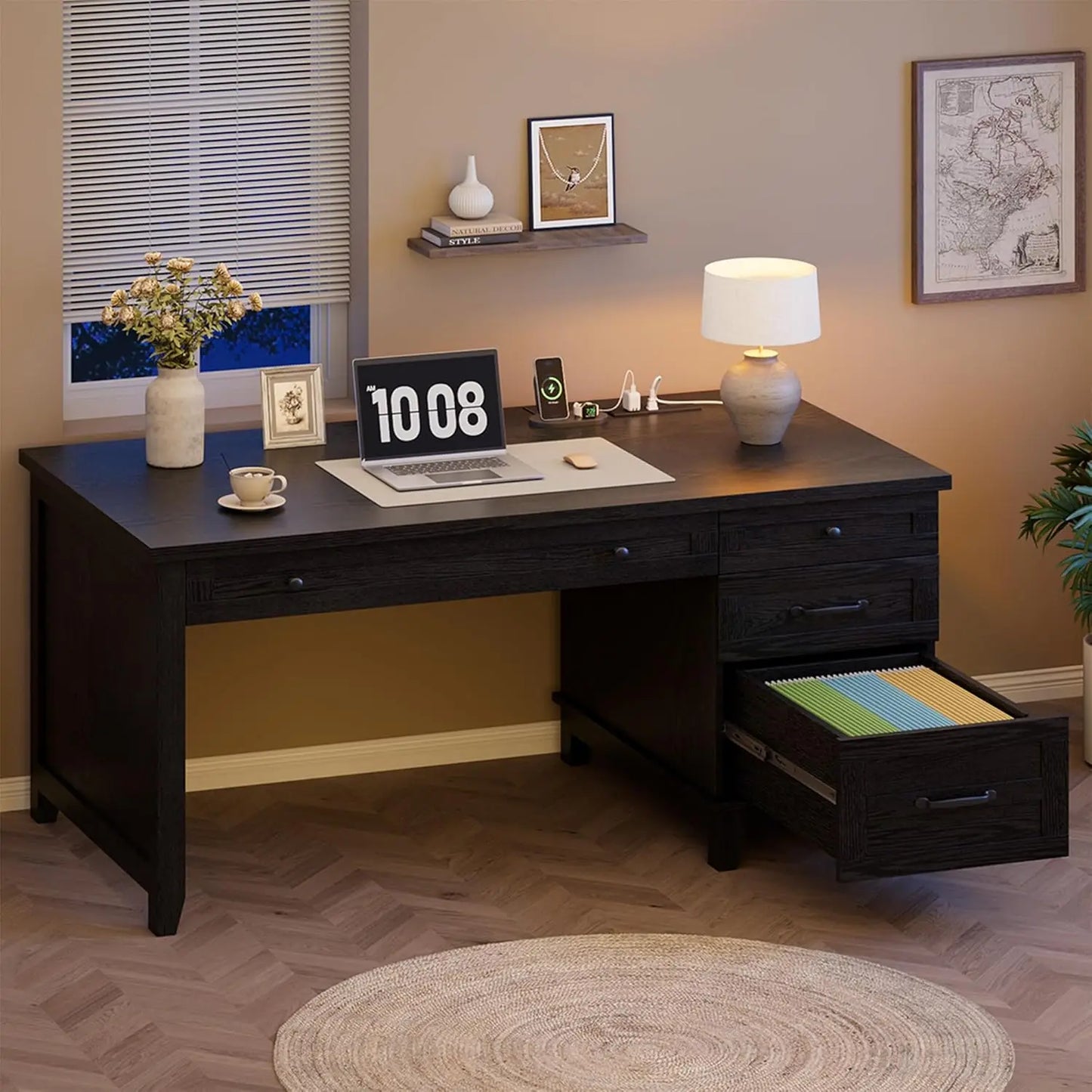 Farmhouse Executive L Shaped Desk With Drawers And Charging Station