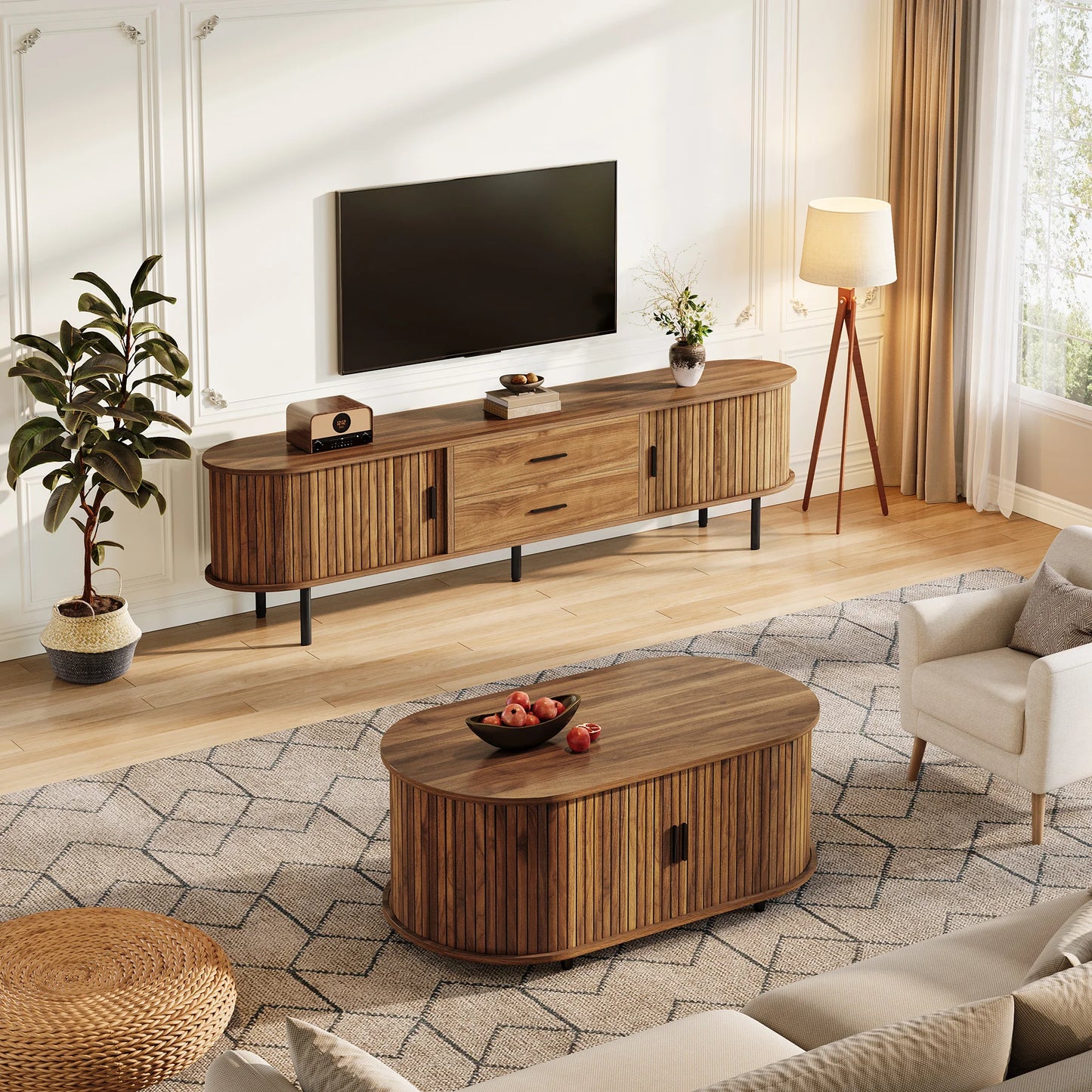 Tribesigns Mid-Century TV Stand With Sliding Tambour Doors and Shelves