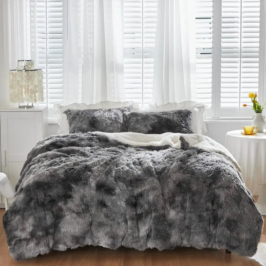 Faux Fur Shaggy Comforter Set Full Queen Size, Plush amp Sherpa Reversible Comforter Tie Dye Black, 3 Pieces Fluffy Fuzzy Beddin