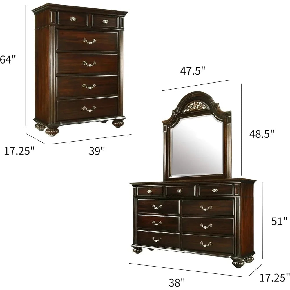 Everlasting Traditional Solid Wood Bedroom Ensemble With Luxurious Mirrored Dresser