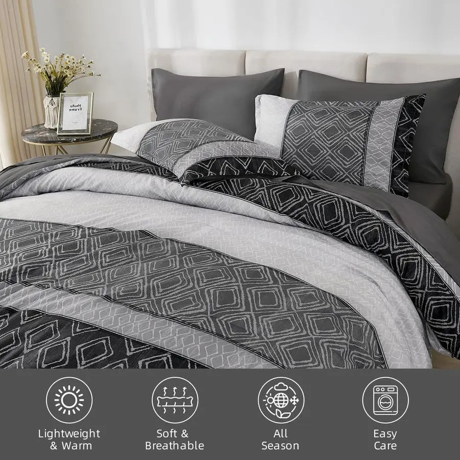 Queen Comforter Set Dark Gray Boho,Soft 7 Piece Bed in a Bag Queen Size Black Bedding Sets Striped Comforters with Plaid Bed Set