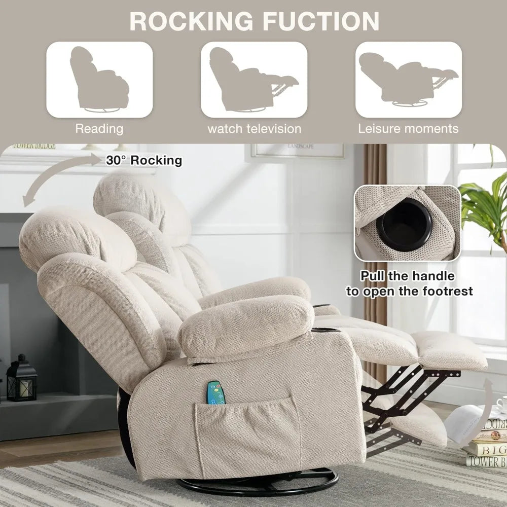 XIAOLANG Oversized Recliner Chair With 360 Swivel Massage Heat USB Cup Holders