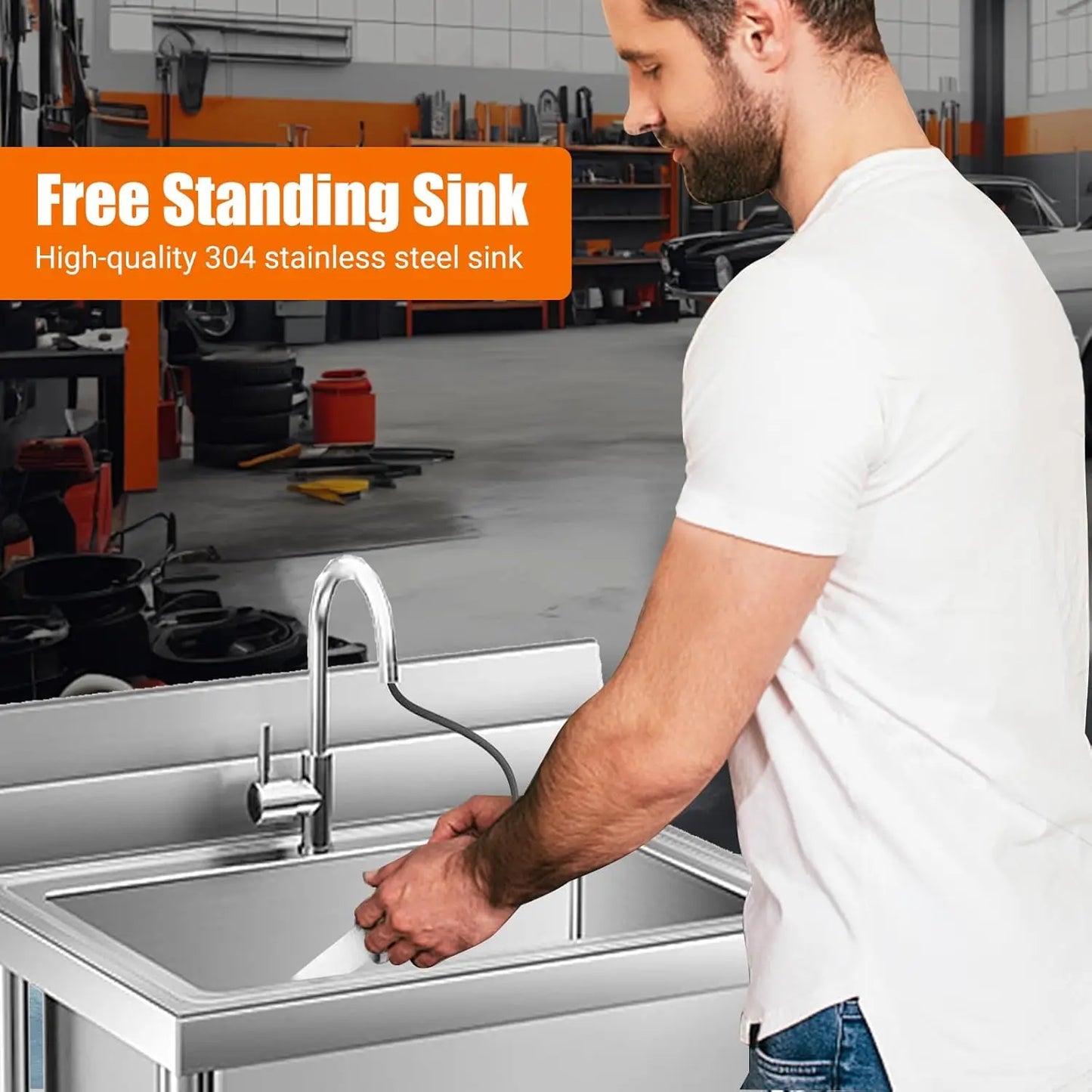 Stainless Steel Kitchen Utility Sink 20" x 20" x 34" Freestanding Single Bowl Sink with Cold and Hot Water Pipe,for Laundry Room