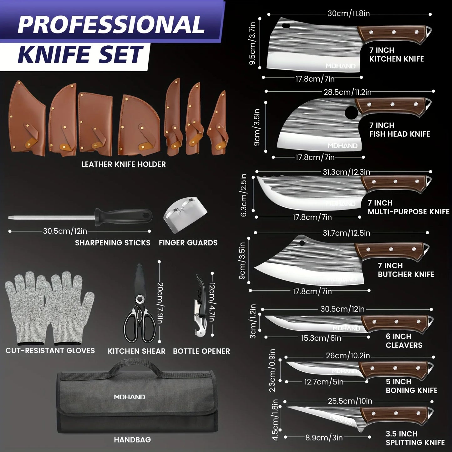 KEPEAK 14 Piece Knife Set With Roll Bag Stainless Steel