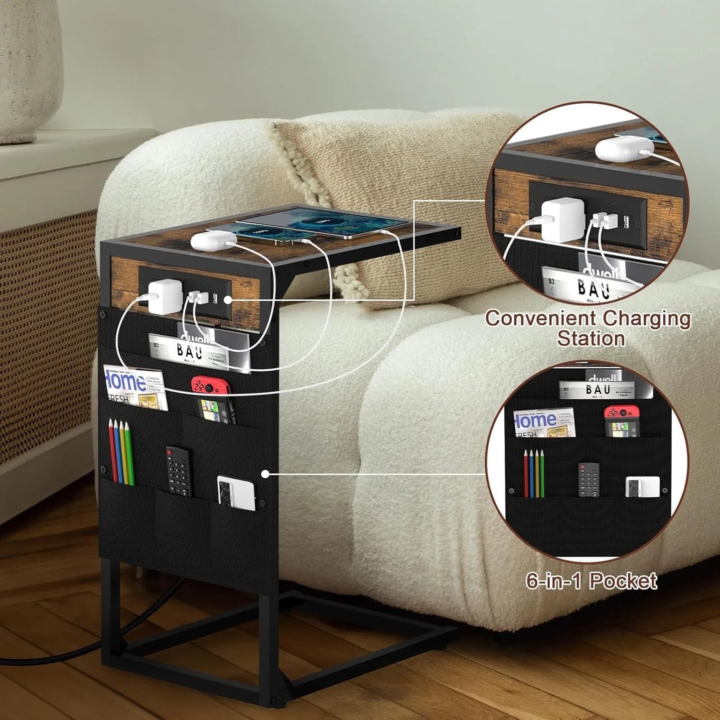 Hign Concerned C Shaped End Table With Charging Station And Storage 2 Piece Metal Frame Living Room And Bedroom