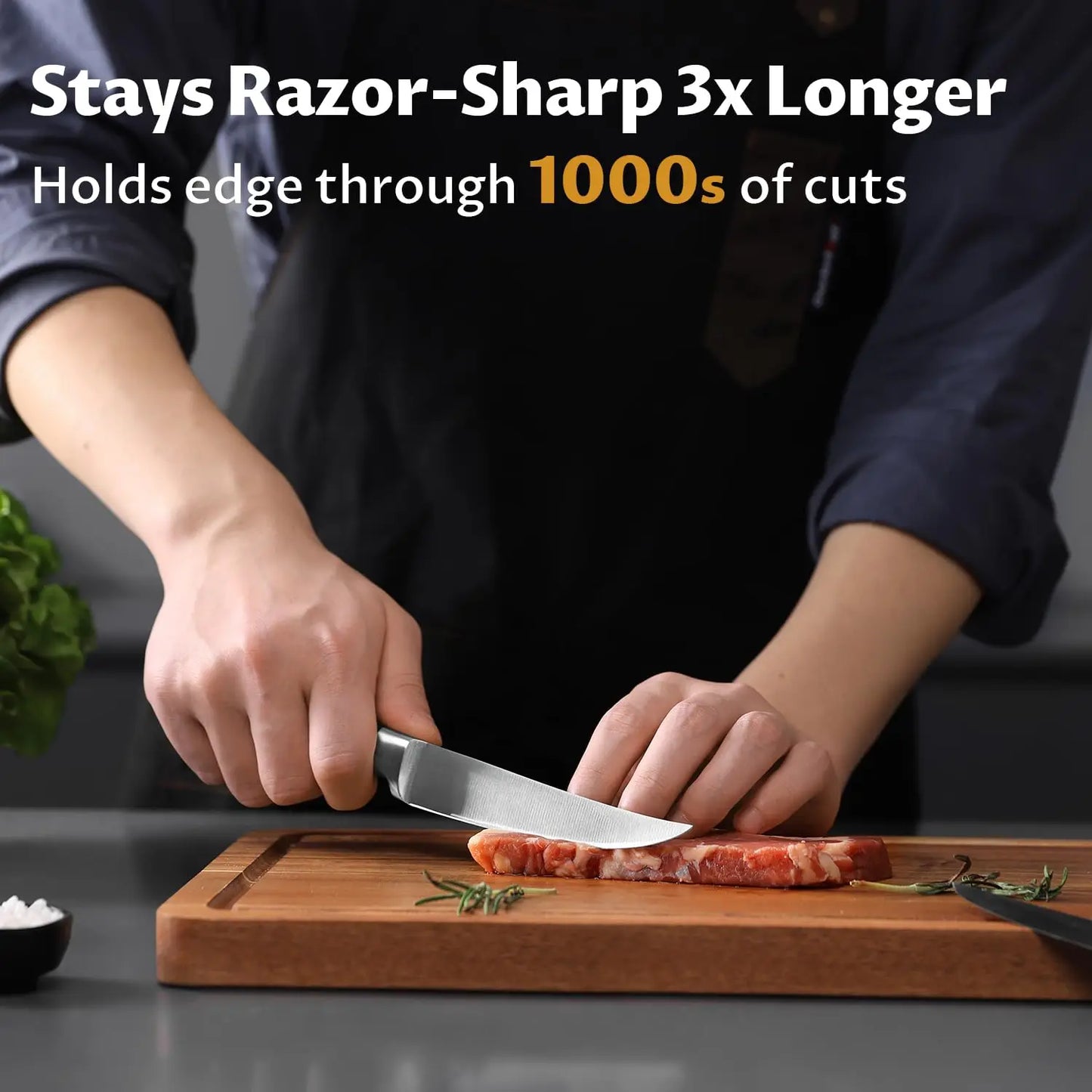 Steak Knives Set of 8, 5 Inch Non Serrated Steak Knife with Beech Block, Razor-Sharp German Stainless Steel Dinner Knives, Durab