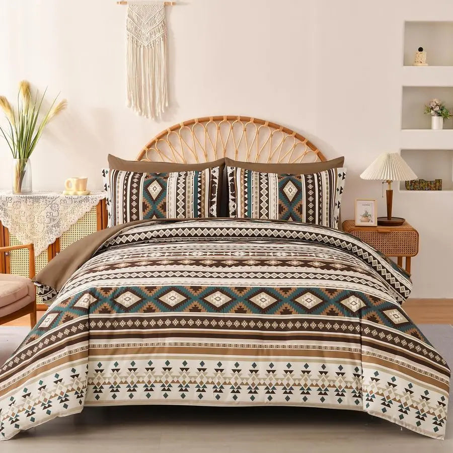 Brown Boho Comforter Set Queen Size,7 Pieces Bed in a Bag Queen Coffee Aztec Bedding Sets with Sheets Bohemian Geometric Striped