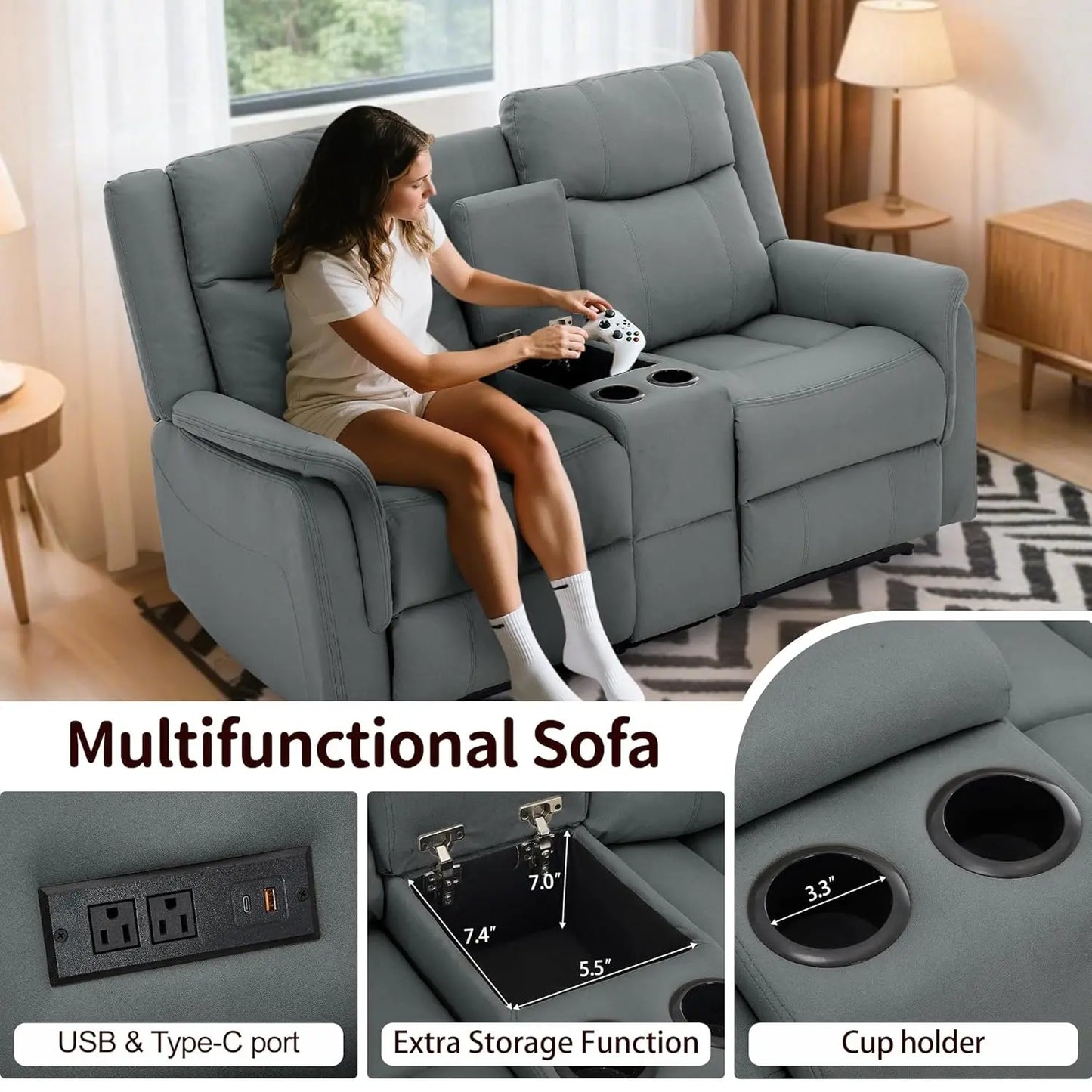 Reclining Loveseat With Console USB Port And Cup Holders 2 Seater Living Room