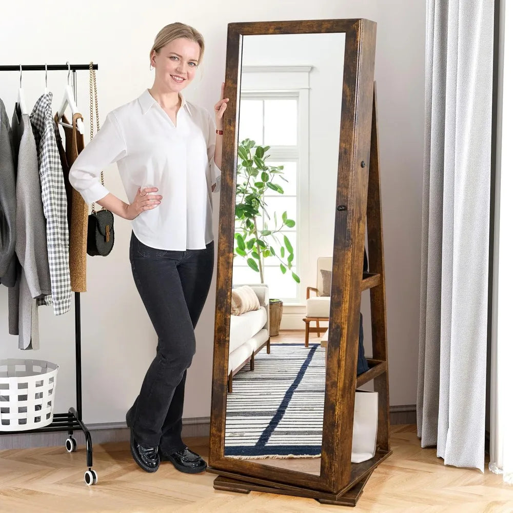 Lockable Floor Standing Wooden Jewelry Armoire with Full Length Mirror 360°Rotatable Jewelry Organizer Cabinet