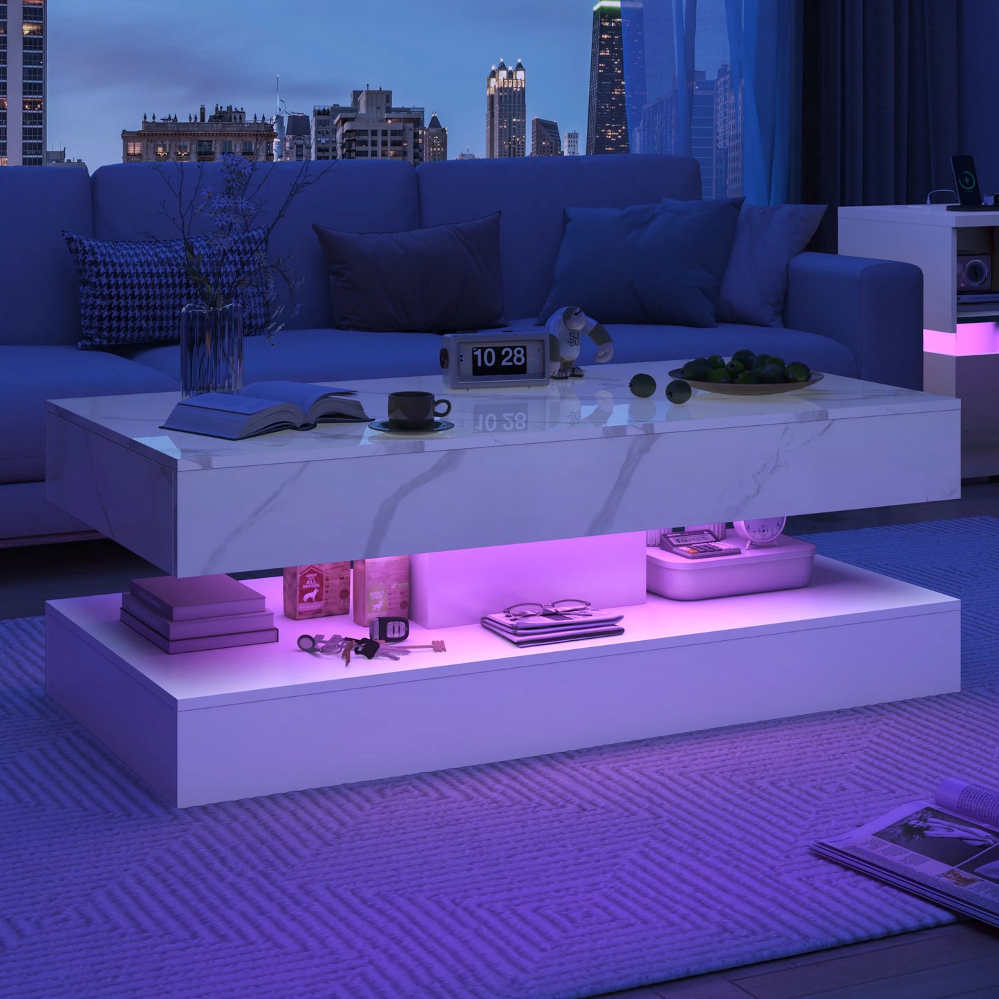 QiaoShiRen Modern Coffee Table With LED Lights And Drawers