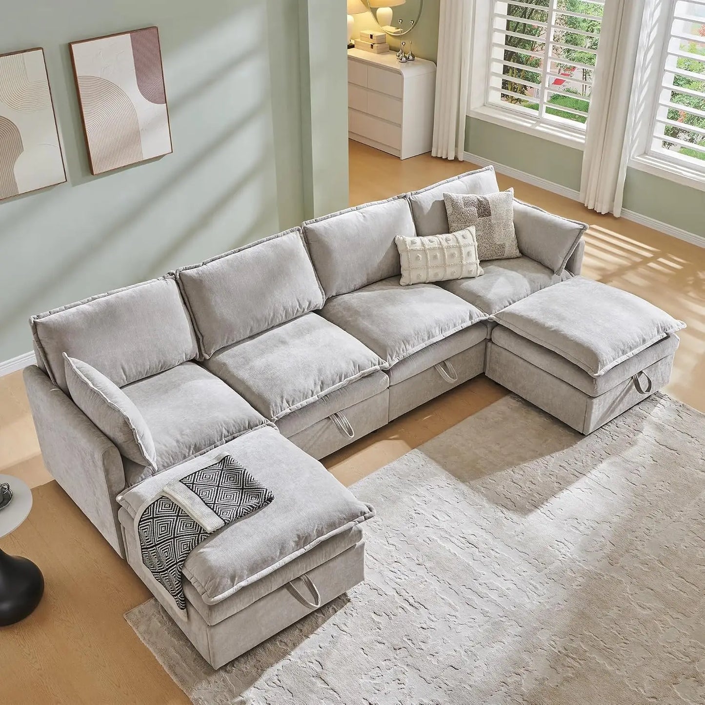 Modular U Shaped Sectional Sofa With Storage Ottoman For Living Room