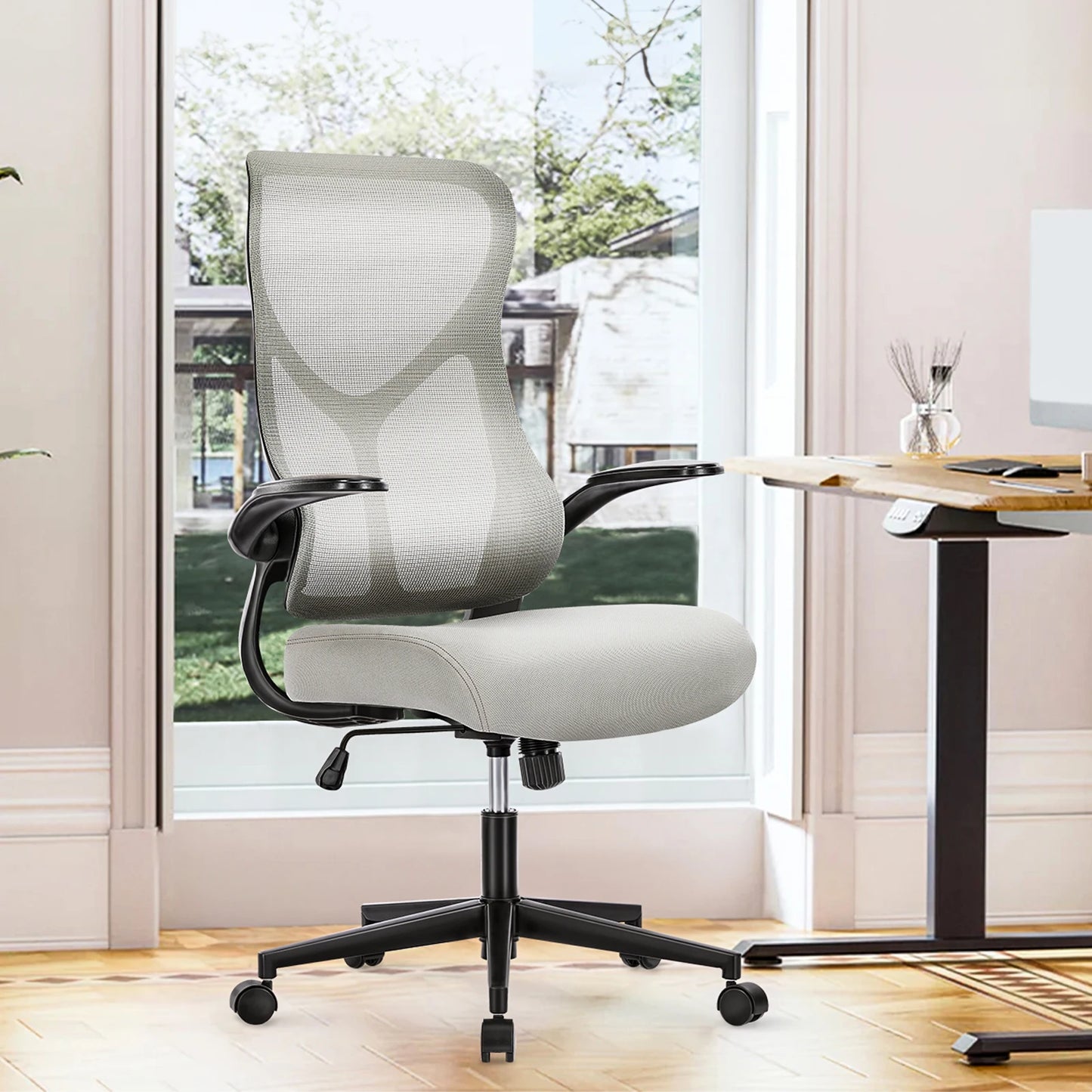 JHK Mesh Lumbar Ergonomic Office Chair With Flip Up Arms And Adjustable Seat Height