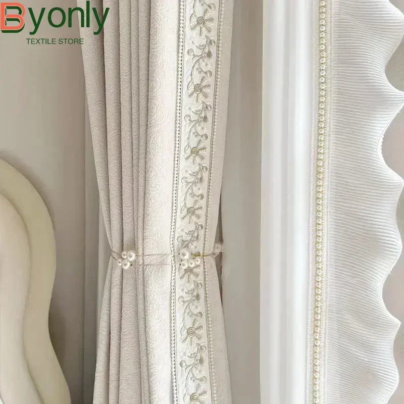 French Curtains for Living Dining Room Bedroom Cream Cured Embossed Chenille Texture Thick Window White Tulle Sheer Curtain