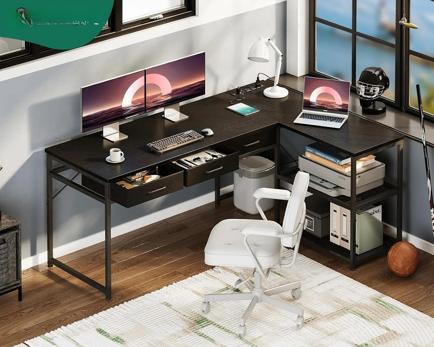 L Shaped Computer Desk With Drawers And Power Outlets