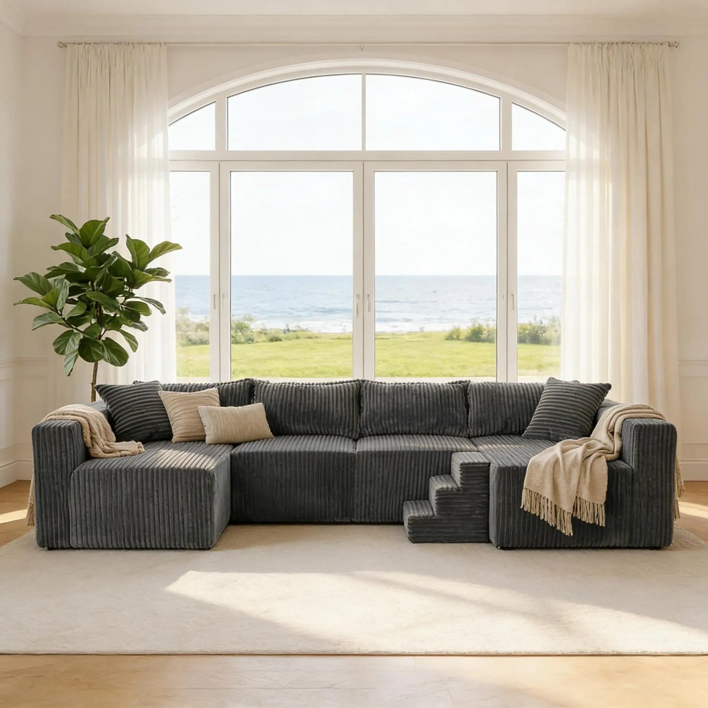 U Shaped Modular Sectional Sofa Corduroy Fabric Couch Double Chaise