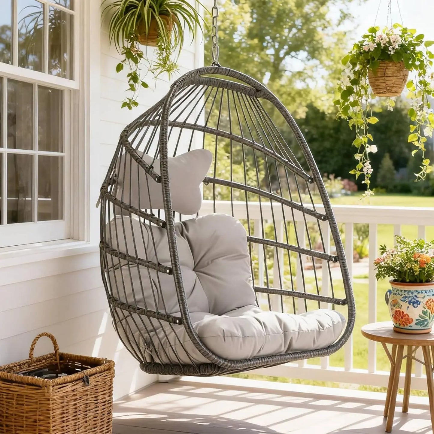 Outdoor Hanging Egg Chair Wicker Swing With Cushioned Seat