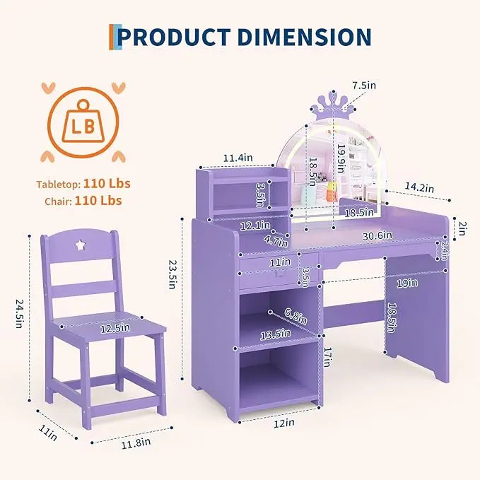 HiMISS Kids Vanity With Lights 2 In 1 Princess Makeup