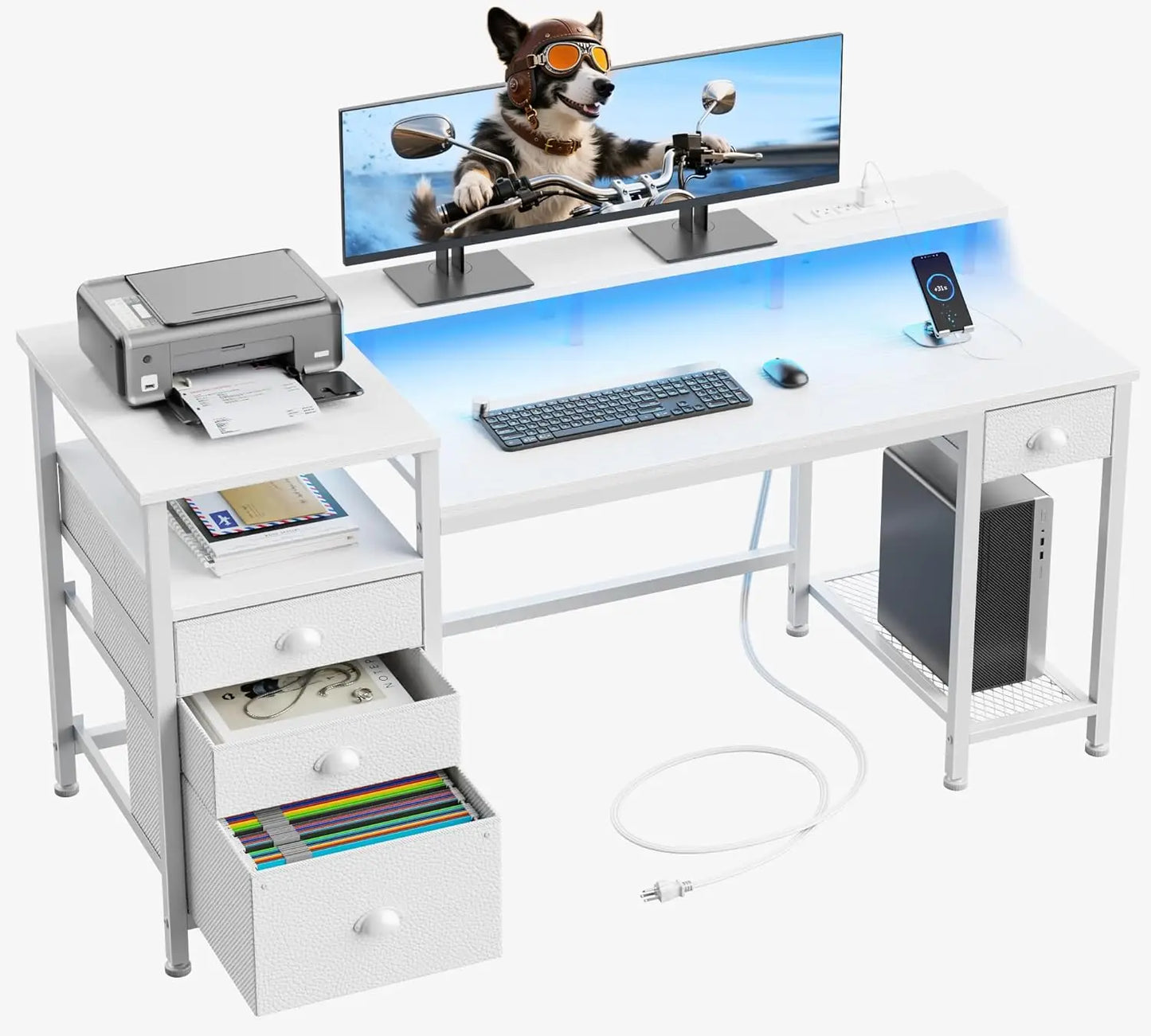 L Shaped Computer Desk With File Cabinet Led Lights