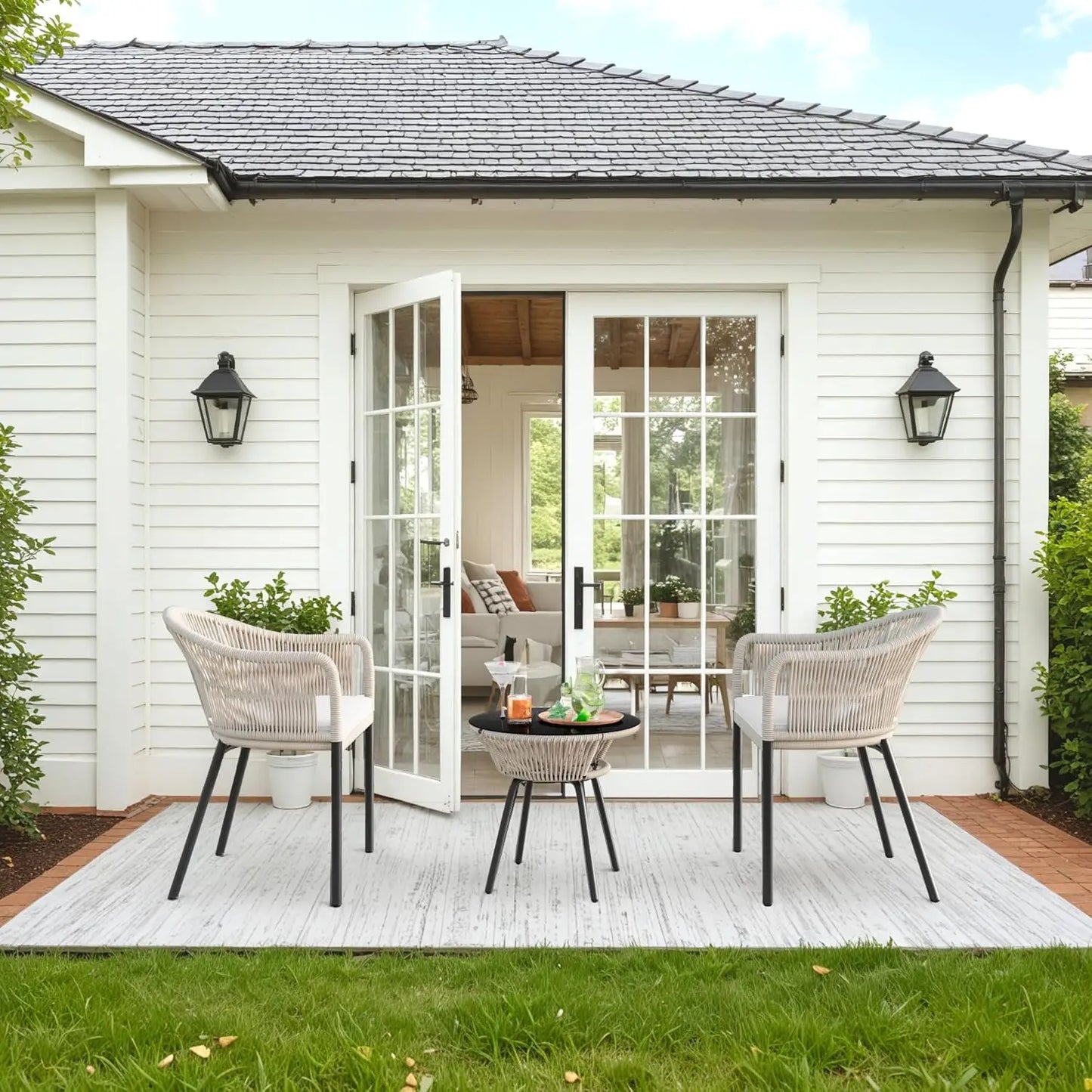 Patio Furniture Set 3 Piece Rope Woven Outdoor Bistro Set With Glass Table