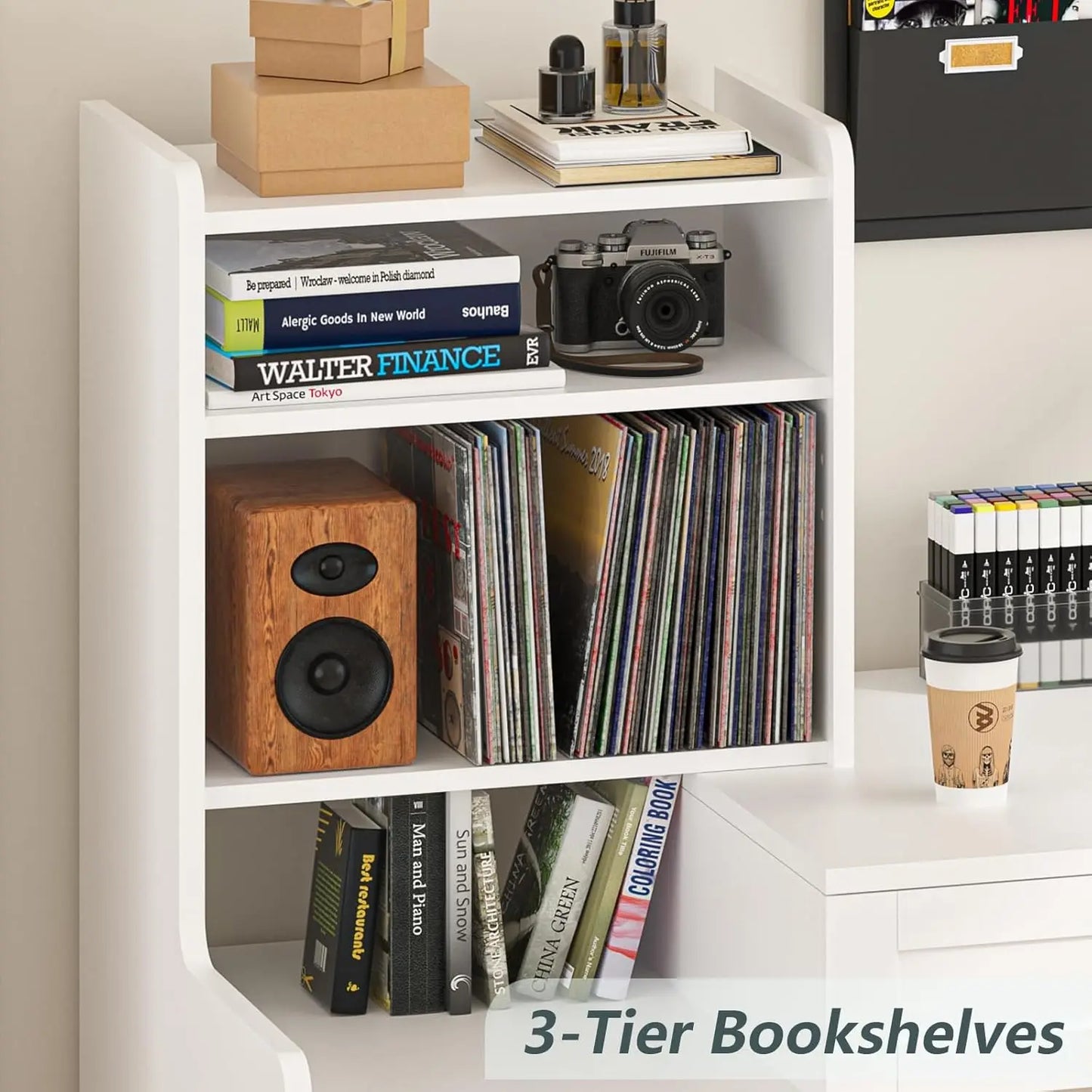 L Shape Bamboo Computer Desk With Drawers And Bookshelves