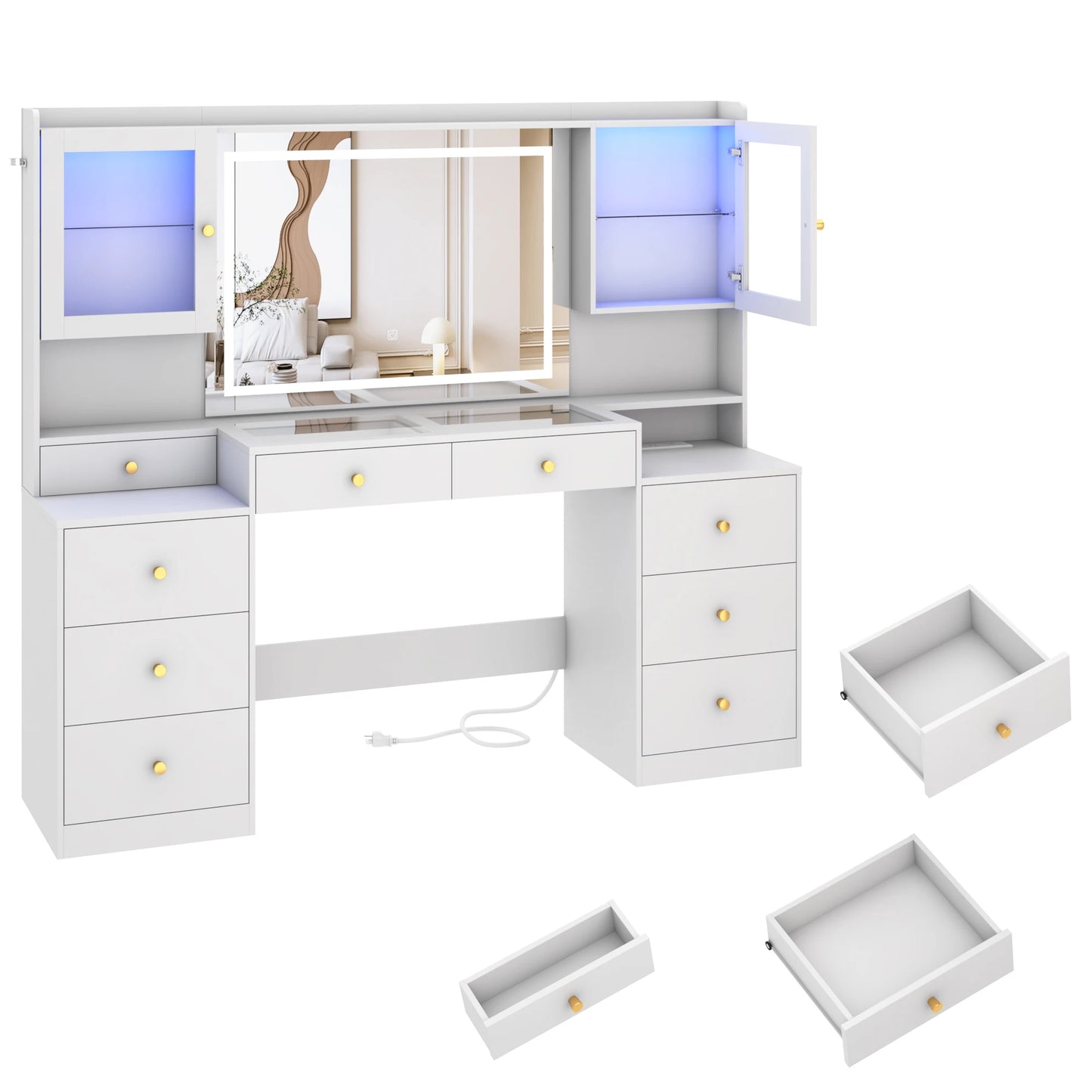 QiaoShiRen Vanity Desk With Mirror Lights And Charging Station